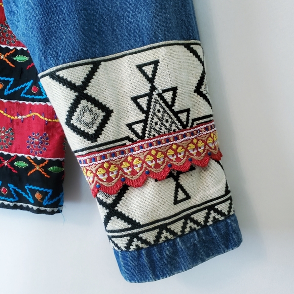Aztec Southwestern Tribal Boho Embroidered Denim Jean Jacket - Picture 3 of 11